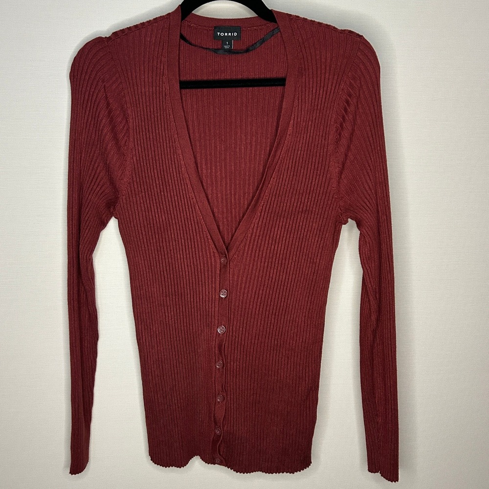 Torrid Women Cardigan Size 1 1X Burgundy Ribbed Knit Button Long Sleeve Academia